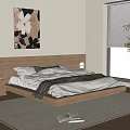 Modern Bedroom Interior With Wooden Bed Nightstand Rug Blinds Wall Art And Floor Plant