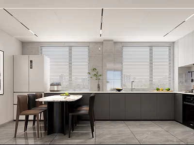 Modern Open Kitchen Interior Design With Gray Cabinets Dining Table And Blinds 3d model