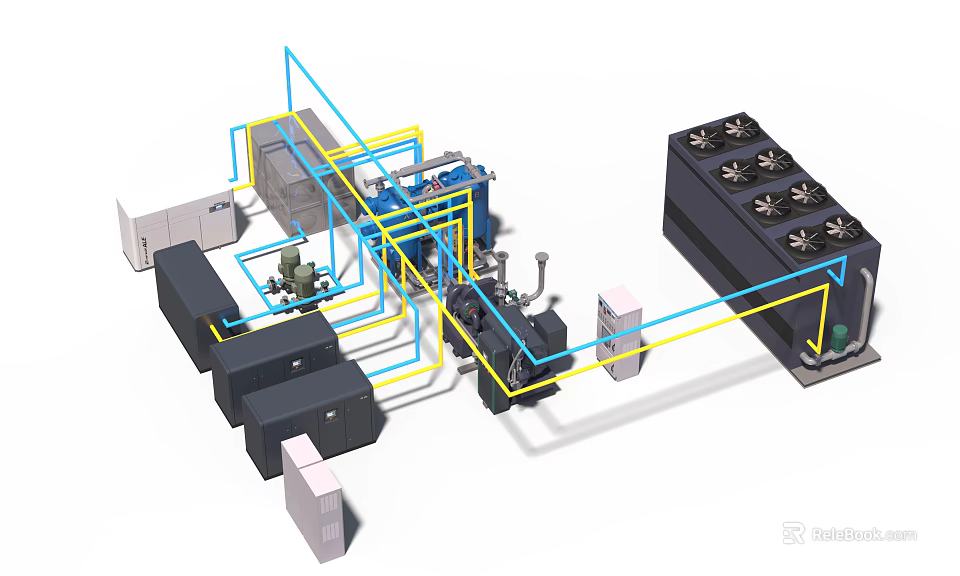 Industrial Equipment System With Pipes Compressors Cooling Units And Control Panels 3d model 