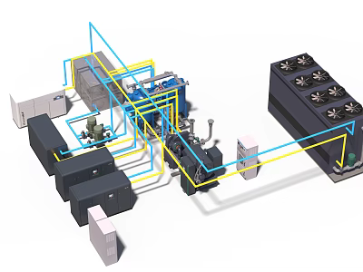 Industrial Equipment System With Pipes Compressors Cooling Units And Control Panels 3d model