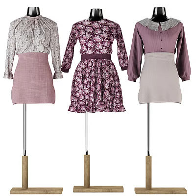Mannequins Displaying Stylish Purple Floral Dress Pink And Beige Skirt Outfits 3d model Mannequins Displaying Stylish Purple Floral Dress Pink And Beige Skirt Outfits 3d model