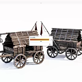 Ancient Wooden Carts With Thatch Roofs Wooden Wheels Flags And Bells