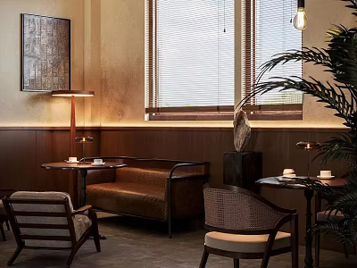 Cozy Café Interior With Wooden Walls Brown Sofa Rattan Chairs And Warm Lighting 3d model