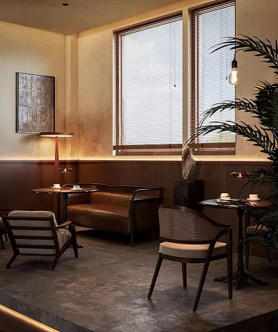 Cozy Café Interior With Wooden Walls Brown Sofa Rattan Chairs And Warm Lighting 3d model