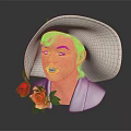 Female Bust Wearing Wide Brimmed White Hat With Green Decorations And Red Roses