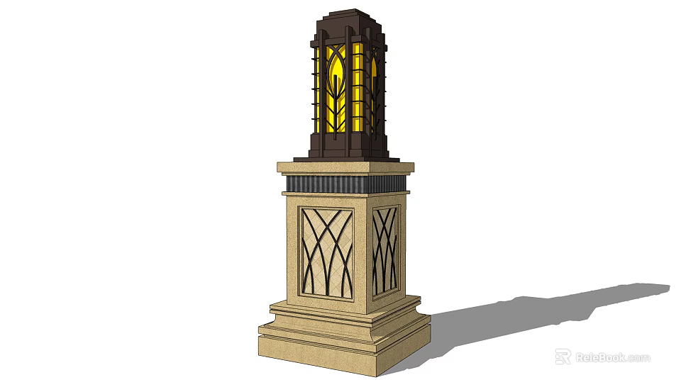 Classic Pillar Outdoor Light With Decorative Base Yellow Glass Lampshade And Ornate Patterns 3d model 