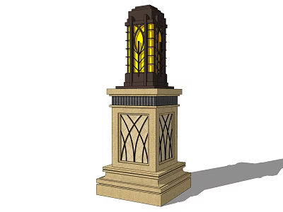 Classic Pillar Outdoor Light With Decorative Base Yellow Glass Lampshade And Ornate Patterns 3d model