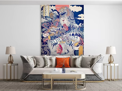 Modern Sectional Sofa With Throw Pillows Coffee Table Lamps And Wall Artwork 3d model