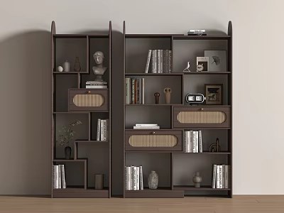 Open Dark Brown Shelving Unit Featuring Compartments Books Decor Framed Photos And Lattice Door Drawers 3d model
