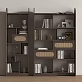 Open Dark Brown Shelving Unit Featuring Compartments Books Decor Framed Photos And Lattice Door Drawers