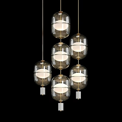 Modern Hanging Chandelier With Transparent Glass Shades And Golden Frame 3d model