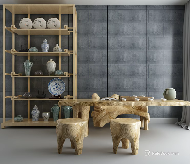Root Carving Tea Table With Ceramic Teaware Vases Bamboo Shelf Stone Wall And Root Stools 3d model
