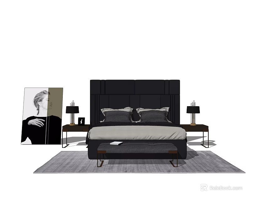 Modern Double Bed in Background with Black Headboard Nightstands Table Lamps and Rug 3d model 