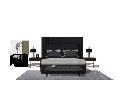 Modern Double Bed in Background with Black Headboard Nightstands Table Lamps and Rug 3d model