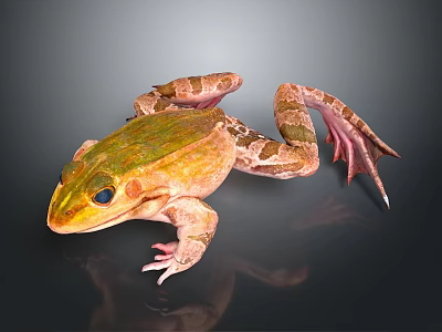 Frog with green brown spotted skin large eyes webbed feet on dark reflective surface 3d model