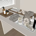 Modern Bathroom Countertop With Neatly Folded Towels And Bath Products On Wooden Trays