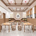 Chinese Style Hotel Mahjong Room Interior With Wooden Tables Stools And Lattice Decor