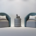 Leisure Sofa Set With Two Blue Seats Patterned White Cushions And Multi Tiered Round Table 3d model