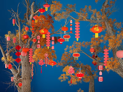 Red Lanterns Hanging on Autumn Trees With Fu Characters Against Blue Sky 3d model