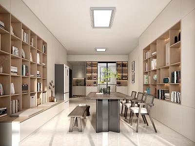 Modern Minimalist Dining and Living Room With Built in Bookshelves Dining Table Chairs and Skylight 3d model