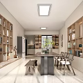 Modern Minimalist Dining and Living Room With Built in Bookshelves Dining Table Chairs and Skylight