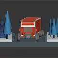 Red Truck Driving Through Snowy Ground With Blue Cone Shaped Trees