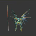 Vibrant Detailed Mecha Figurine With Spiked Mechanical Wings And Red Spear