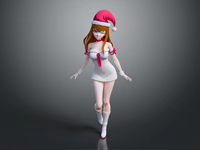 Anime Style Game And Movie Character Wearing Santa Hat White Dress With Red Decorations Long Hair 3d model