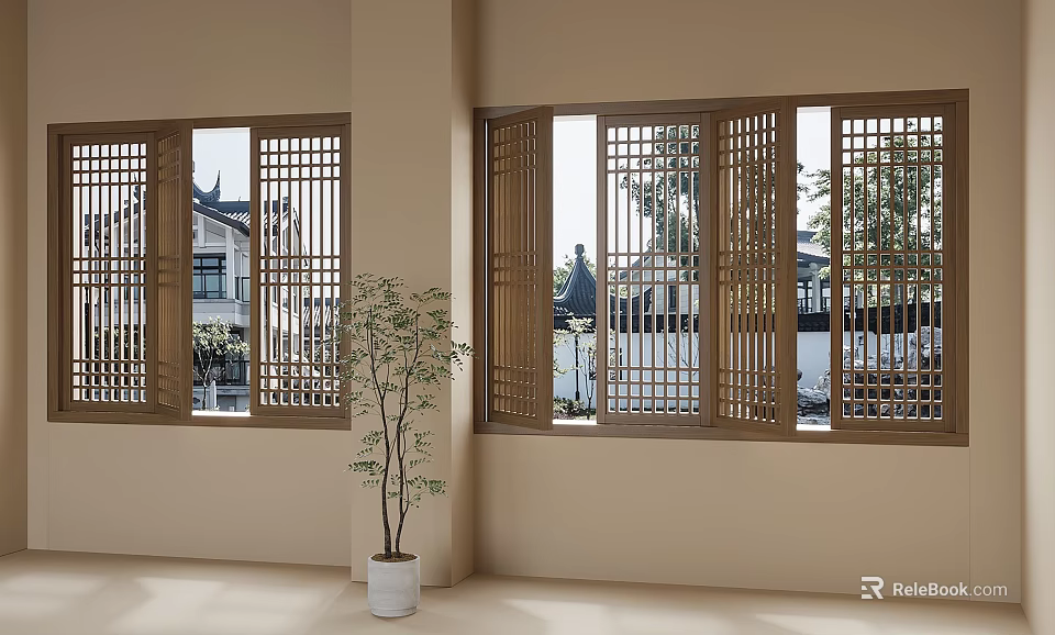 Wooden Lattice Design Casement Windows in Bright Interior With Outdoor View And Potted Plant 3d model 