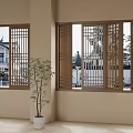 Wooden Lattice Design Casement Windows in Bright Interior With Outdoor View And Potted Plant