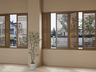 Wooden Lattice Design Casement Windows in Bright Interior With Outdoor View And Potted Plant 3d model