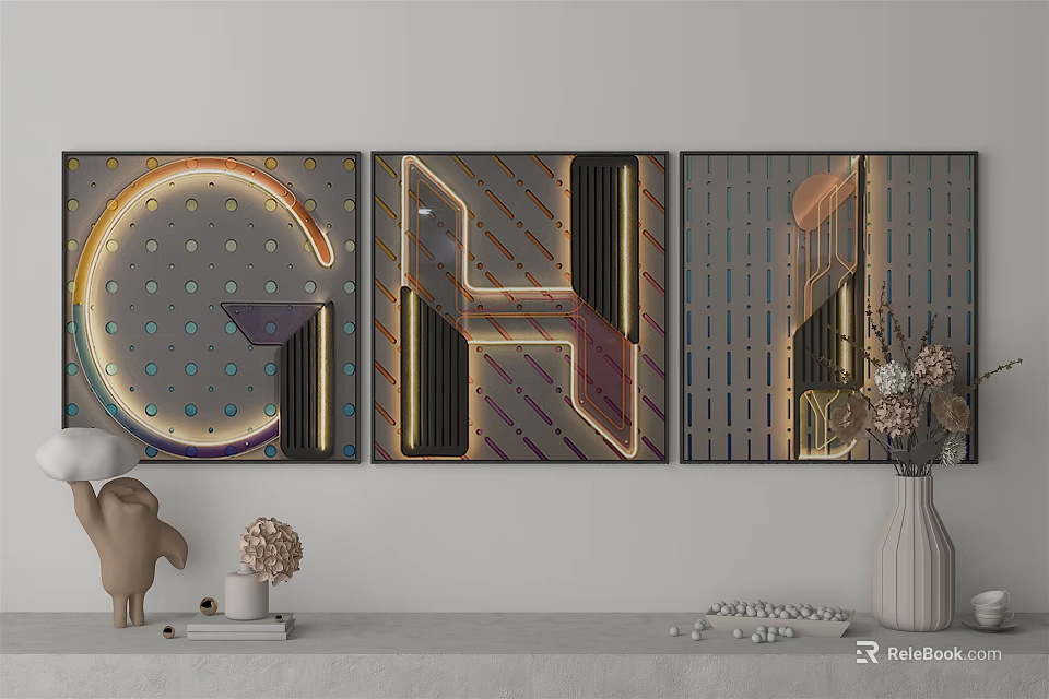 Modern Abstract Wall Artwork With Letters G H I And Geometric Patterns 3d model