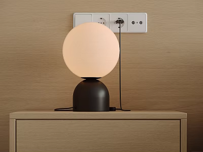 Beige Round Lampshade Table Lamp With Black Base On Wooden Nightstand 3d model