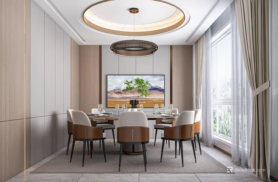 Modern Private Dining Room Interior With Round Table Leather Chairs And Chandelier 3d model 