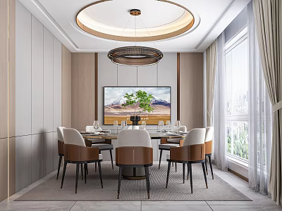 Modern Private Dining Room Interior With Round Table Leather Chairs And Chandelier 3d model