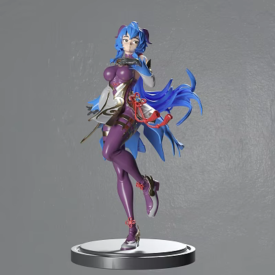 Anime Action Figure With Blue Long Hair Purple Outfit Red Accents And Dynamic Pose 3d model