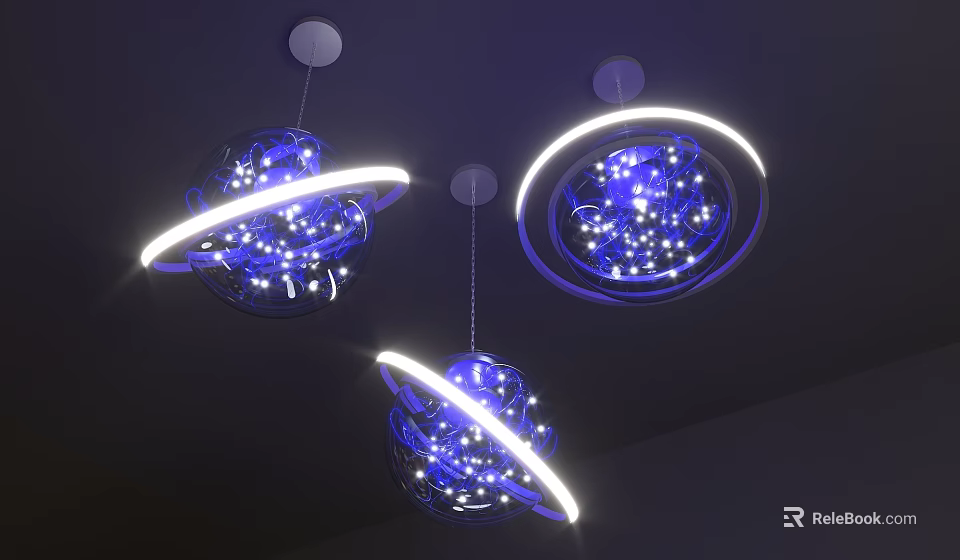 Starry Planet Shaped Chandeliers With Blue Illuminated Rings And Sparkling Lights 3d model 