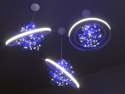 Starry Planet Shaped Chandeliers With Blue Illuminated Rings And Sparkling Lights 3d model
