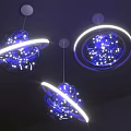 Starry Planet Shaped Chandeliers With Blue Illuminated Rings And Sparkling Lights