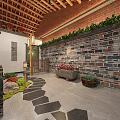 Traditional Hot Pot Restaurant Interior With Wooden Ceiling Lanterns Bamboo Screens And Green Plants