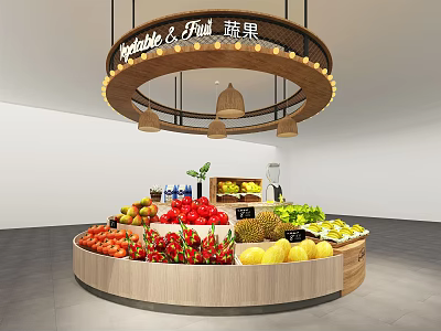 Circular Display Shelves With Fresh Vegetables Fruits Hanging Lights And Signboard 3d model