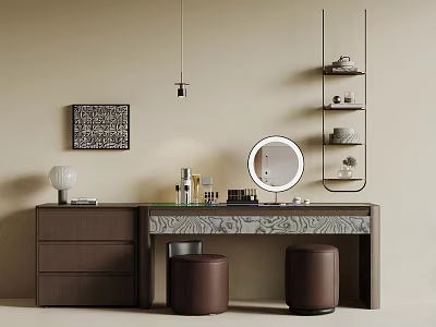 Modern Wooden Dressing Table With Round Mirror Brown Stools And Wall Mounted Shelves 3d model