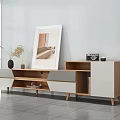 Elegant Modern TV Stand Design With Framed Artwork Potted Plant And Decorative Shelves