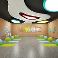 Colorful Fitness Studio With Yoga Mats Exercise Balls Curved Structures And Decorative Wall Art