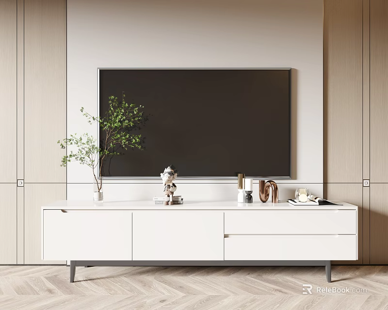 Modern White TV Stand With Flat Screen TV Decorations And Green Plant In Living Room 3d model 