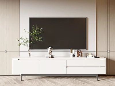 Modern White TV Stand With Flat Screen TV Decorations And Green Plant In Living Room 3d model