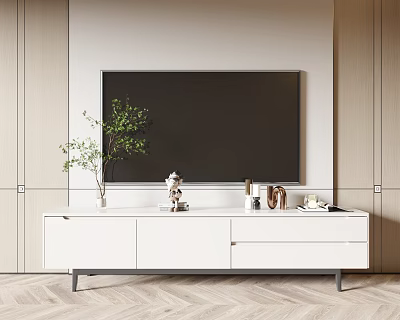 Modern White TV Stand With Flat Screen TV Decorations And Green Plant In Living Room 3d model