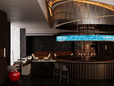 Modern Bar Interior Design With Curved Counter Seating Ambient Lighting And Decorative Accents 3d model