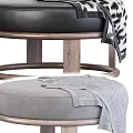 Brown Black Leather And Beige Grey Suede Round Stools With Wooden Base And Blanket