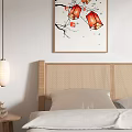 Japanese Style Bedroom Interior With Rattan Headboard Wooden Furniture Hanging Lights And Wall Art